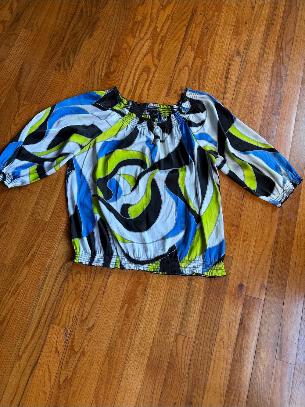 new directions Abstract Off-Shoulder Top in Blue, Lime & Black